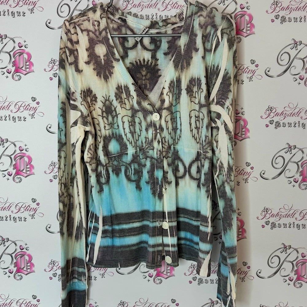Cubism cardigan tie dye Stylish Women's V-Neck Top - Blue and Brown